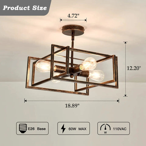 4 Light Close To Ceiling Bronze Industrial Flush Mount Chandelier Fixture For Kitchen Island Dining Room Bedroom Foyer Hallway Rustic Farmhouse Lighting With Vintage Vibe And E26 Bulb Compatibility, showing size dimensions.