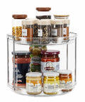 2 Tier Lazy Susan Turntable Organizer For Narrow Cabinets, clear design holding spices and jars in compact kitchen storage.