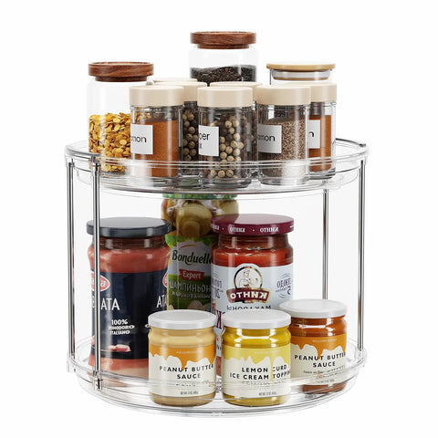 2 Tier Lazy Susan Turntable Organizer For Narrow Cabinets, clear design holding spices and jars in compact kitchen storage.
