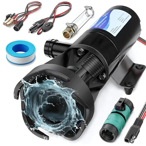 12V RV Macerator Pump With 3 Inch Large Port, 12 GPM Flow, 10 Ft Suction, Self Priming Waste Water Pump For RV Boat Yacht And Home Kitchen Drainage, Portable Sewer Pump With Stainless Steel Cutter And Easy Clog Clearing