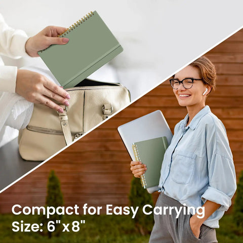 Premium Spiral Notebook And College Ruled Journal Featuring Slick Water Resistant Cover Real Smooth Writing Paper Twin Wire Binding That Lay Completely Flat For Hassle Free Studying And Work, compact size 6" x 8" shown being carried.