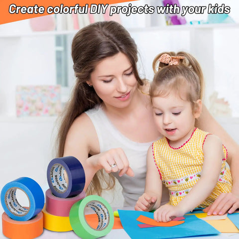 Woman and child using Rainbow Duct Tape Bulk 6 Pack 2 Inch Wide Each Roll 30 Yards 180 Yards Total Assorted Colors for crafts.