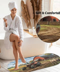 Woman sitting on Non Slip Bathroom Rug Mat Ultra Plush Oval 47 By 20 Inches Memory Foam Core Microfiber Absorbent Floor Mat