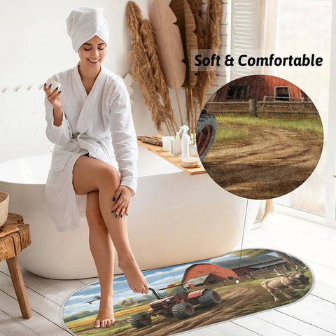 Woman sitting on Non Slip Bathroom Rug Mat Ultra Plush Oval 47 By 20 Inches Memory Foam Core Microfiber Absorbent Floor Mat