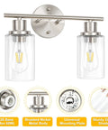 2 Light Wall Sconce Vanity Light In Brushed Nickel With Clear Glass Shades, Modern Bath Vanity Fixture For Bathroom Mirror