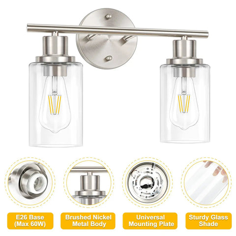 2 Light Wall Sconce Vanity Light In Brushed Nickel With Clear Glass Shades, Modern Bath Vanity Fixture For Bathroom Mirror