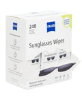ZEISS Sunglasses Wipes front view of 240-count box with ZEISS logo and wrapped wipes