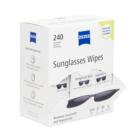 ZEISS Sunglasses Wipes front view of 240-count box with ZEISS logo and wrapped wipes