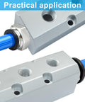 Three Way Five Port Air Manifold Block Aluminum Inline Air Hose Splitter With 1/2 Inch NPT Threads High Flow attached to blue hoses