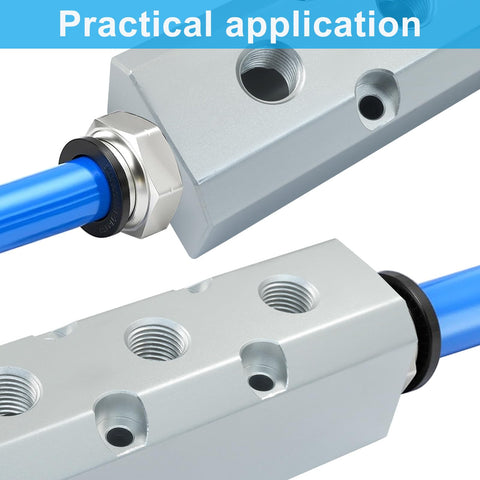 Three Way Five Port Air Manifold Block Aluminum Inline Air Hose Splitter With 1/2 Inch NPT Threads High Flow attached to blue hoses