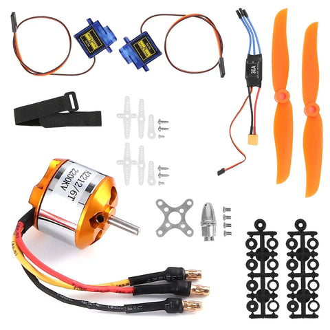 Badass Rc Aircraft Upgrade Set With 2212 KV2200 Brushless Motor And 6035 Propeller showing motor, servos, ESC, and propellers.