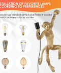 Dope Modern Resin Monkey Wall And Table Lamp With Hemp Rope Pendant Light showcasing bulb compatibility on a white finish decor piece.