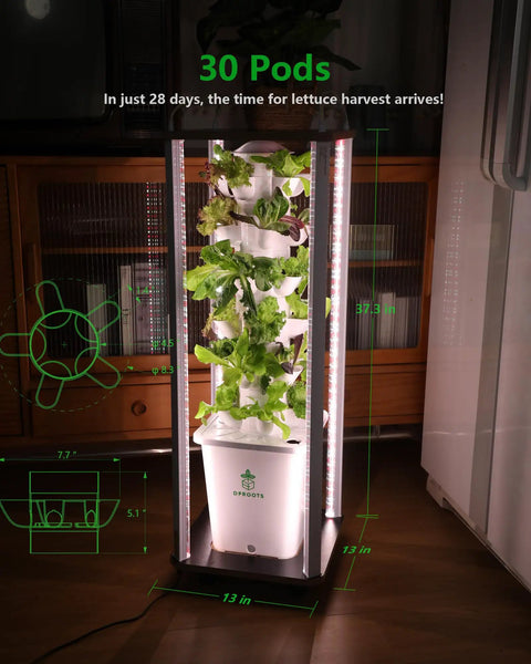 Vertical Indoor Hydroponic Tower Garden System With 30 Pods, Full Spectrum Lighting, auto watering for leafy greens