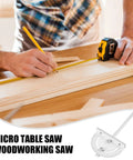 TRUTOPWAY miter angle measuring tool used in woodworking; person marks a wooden plank with a yellow tape measure nearby