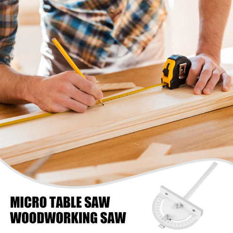 TRUTOPWAY miter angle measuring tool used in woodworking; person marks a wooden plank with a yellow tape measure nearby