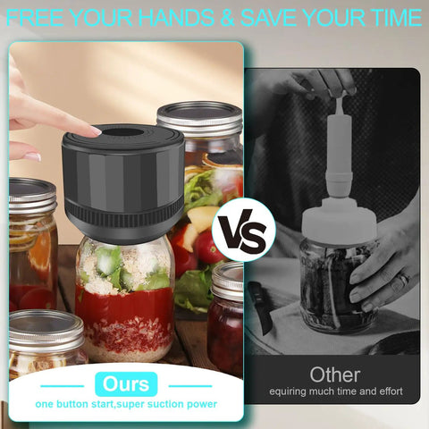 "Electric Mason Jar Vacuum Sealer Kit With Auto Stop For Wide Mouth And Regular Mouth Jars on kitchen counter"
