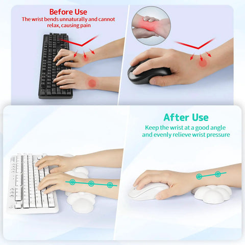 Comparison of hand positions before and after using Cloud Wrist Rest Keyboard Pad With Memory Foam And PU Leather For Palm Support.