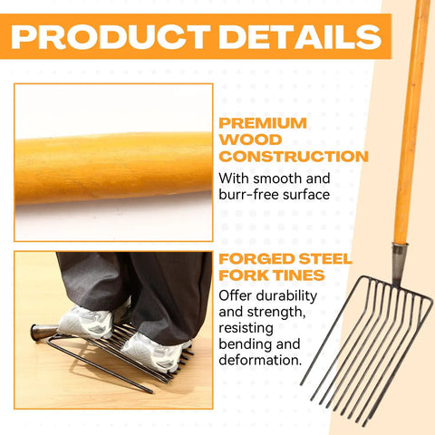 4 Pack 10 Tine Pitch Fork With Long Wooden Handle Heavy Duty Muck Rake Broadfork Garden Tool with details on handle and tines