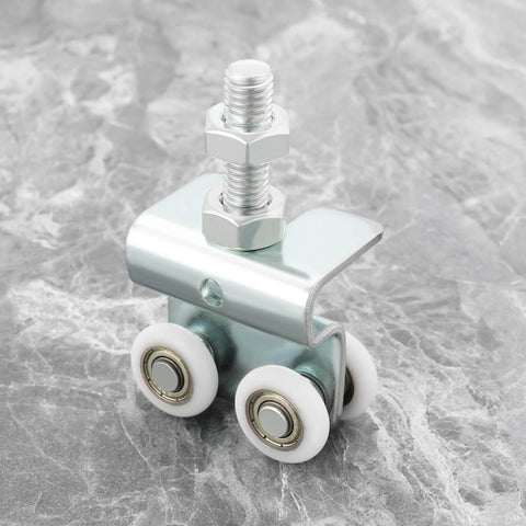 Close-up of Two Pack Stainless Steel Nylon Sliding Track Roller Kit with Bolts and Nuts for barn doors and sliding doors.