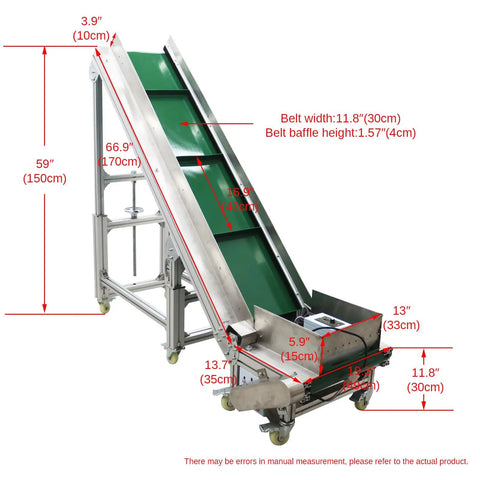 Electric Inclined Climbing Conveyor Belt With Baffle, Heavy Duty Industrial Belt Conveyor System, side view with dimensions labeled