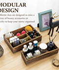 Stackable Rustic Burnt Solid Wood Vanity Organizer Trays 2 Piece Grab And Go Countertop Storage Caddy with cosmetics organized.