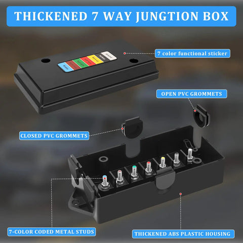 7 Way Trailer Junction Box Weatherproof With Color Coded Terminal Studs and PVC grommets, used for RVs and campers.