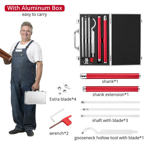 Carbide Tipped Wood Turning Tools Set With Diamond Round And Square Inserts Pro Grade Lathe Tools For High Precision Turning Durable Aluminum Handles, shown with aluminum box and accessories.