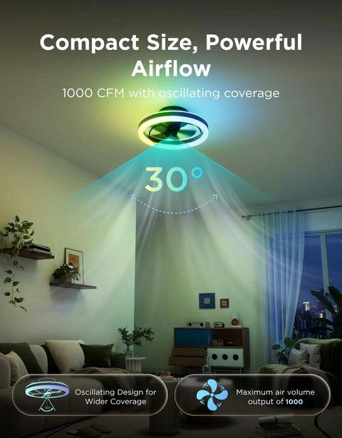 Twenty Inch Flush Mount Ceiling Fan With Killer RGBIC SmartApp LED Lighting And Dual Layer Color Changing Glow Featuring Smooth Oscillating Motion and Vibe Ready Decor For Modern Homes in a stylish living room setting.