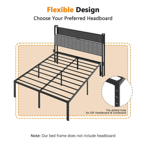 VINGLI 12 Inch Full Size Bed Frame Heavy Duty Metal Platform With Steel Slat Support No Box Spring Required Easy Assembly noise free design, flexible headboard option