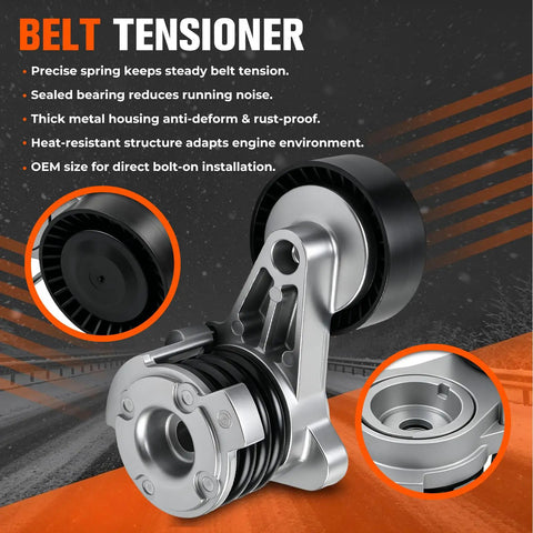 Upgrade Your BMW 3.0L Ride Smooth With A Fresh Serpentine Drive Belt Tensioner And Idler Pulley Kit For 2006 To 2013 Models Like The 325i 328xi And X3 That Keep The Engine Purring Without Any Weird Noises Or Slippage. silver BMW serpentine belt tensioner and idler pulley close-up