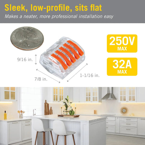 Five Port Lever Wire Connector Six Pack High Capacity Quick Connect Terminal For Led Strip And Under Cabinet Lighting displays size and features on counter.