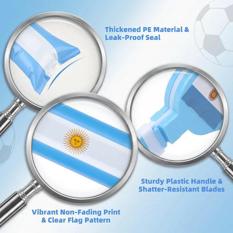 48 Pack Soccer Fan Noisemaker Set With 24 Inflatable Thunder Sticks And 24 Hand Clappers features Argentina flag details