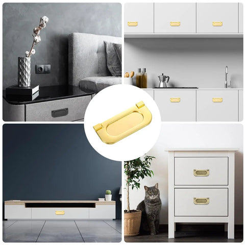 2 Pack Flush Pull Handles For Drawers And Cabinets, 3 Inch Hidden Recessed Ring Pulls, Gold Finish, Installed on Furniture