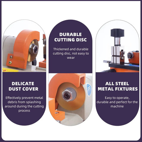 Compact 110V Metal Cutting Machine With 120W Power And Pure Copper Motor, durable disc, dust cover, and steel fixtures details.