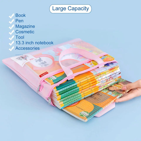Mesh Zipper Pouch With Double Pocket Waterproof File Bag With Handle holding books, showcasing large capacity