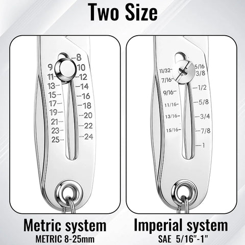 Two-size thread checker keychain with metric 8–25 mm and imperial 5/16–1 in scales; metal Vernier caliper-style gauge.