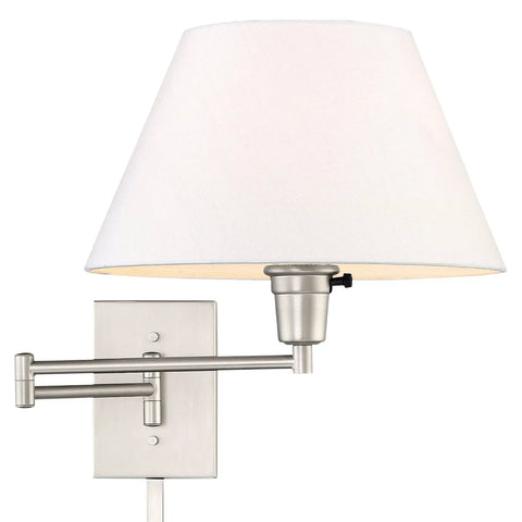 Modern Swing Arm Wall Sconce With White Empire Shade, 15 Inch Reach, Adjustable Arm, 2-In-1 Plug-In Or Hardwired Installation, 3-Way Switch, Satin Nickel Finish, Includes 2 12 Inch Cord Covers