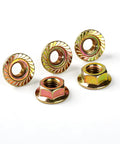 M8 1.25mm Anti Loosening Serrated Hex Flange Lock Nuts Yellow Zinc Plated Full Thread 30 Piece Value Pack, close-up view