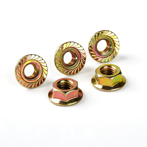 Anti Loosening Serrated Hex Flange Lock Nuts M10 x 1.5mm, yellow zinc plated, showing serrated flange detail, front view.