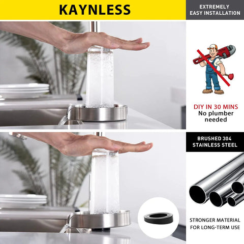 Glass Rinser Cup Washer For Sink Made From 304 Stainless Steel Brushed Finish 4.72 Inch Diameter with hands demonstrating use.