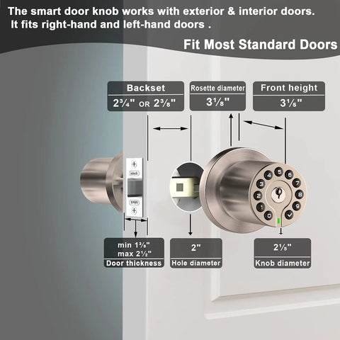 Electronic Door Knob With Backlit Keypad And Keyless Entry, Auto Lock, waterproof, diagram of measurements and installation details.