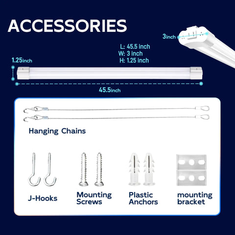 6 Pack 4ft Linkable LED Shop Light Utility Fixture 4400 Lumens 42W 250 Watt Equivalent Daylight 5000K accessories shown