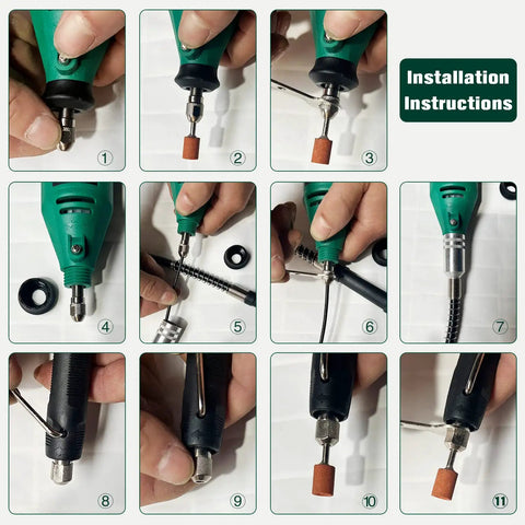 Installation guide for Rotary Tool Kit With Five Speed Settings 10000 To 37000 RPM Flexible Shaft And Multifunction Chuck 218 Accessories.