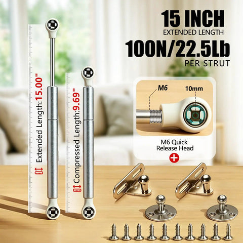 Two Pack Slow Close Hinges for Toy Box and Chest, 15 Inch 100N Gas Springs with M6 quick release head and mounting hardware.