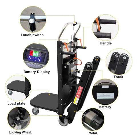 Close-up of Upgraded Electric Stair Climbing Hand Truck With Heavy Duty Track Design, showing motor, battery display, and controls.