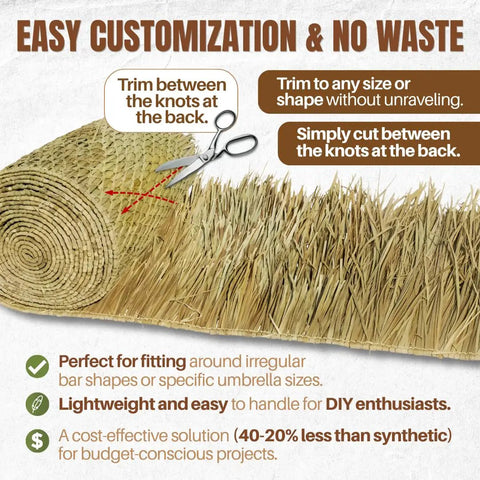 Mexican Palm Thatch Roll 35 Inch By 30 Ft Natural Tiki Bar Roof Palapa Thatched Roof Duck Blind Grass Patio Cover Hand Woven Real Straw Eco Friendly 87.5 Sq Ft Coverage Trim To Size easy customization instructions shown