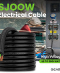 Heavy Duty 25 Ft 12/3 SJOOW Portable Cord in front of an electrical power station with visible copper wires, 300V rated