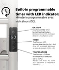 Towel Warmer With Built In Timer And LED Indicators, close-up on touchscreen, wall-mounted design, brushed stainless steel.