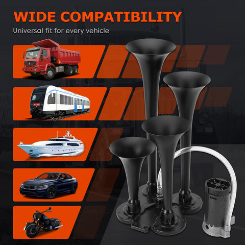 12V Train Air Horn Kit With Four Horns And Compressor 185dB Ultra Loud Vehicle Horn System For Truck Car SUV Jeep Pickup Motorhome And Other Rigs