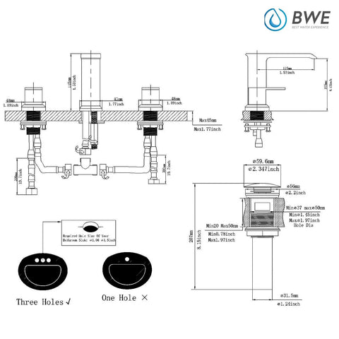 Technical diagram for Waterfall Widespread Bathroom Faucet Chrome 3 Hole 2 Handle Vanity Sink Mixer Tap With Pop Up Drain Overflow